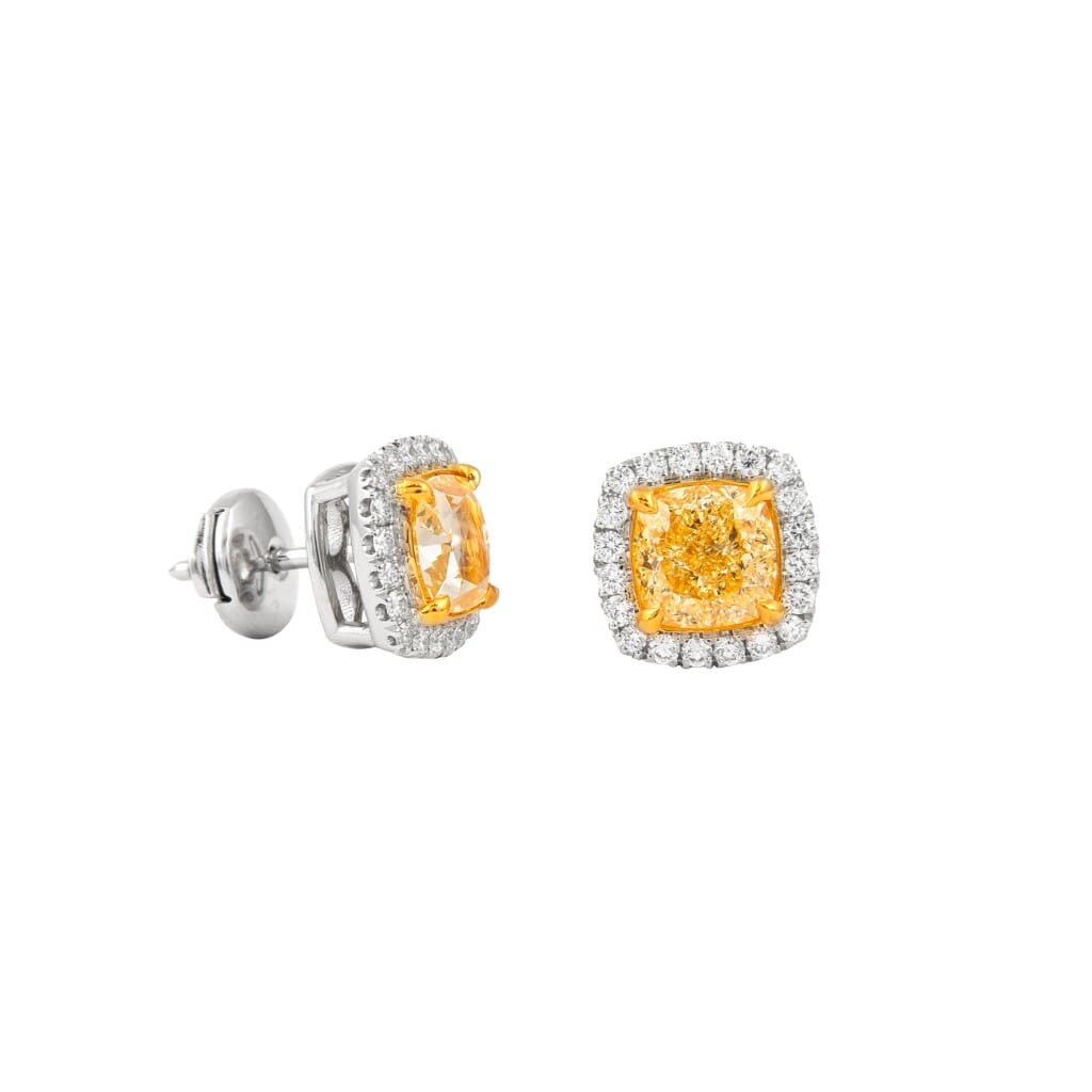 White Gold, Gold, 3.35ctw Cushion Cut Fancy Yellow Diamond and Diamond Stud Earrings