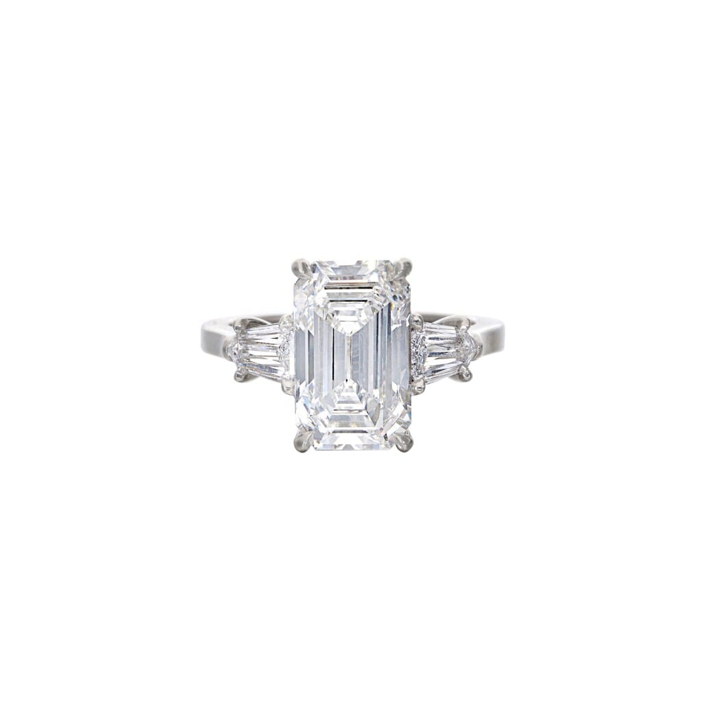 Platinum, 3.61ct Emerald Cut Diamond and Diamond Engagement Three Stone Ring