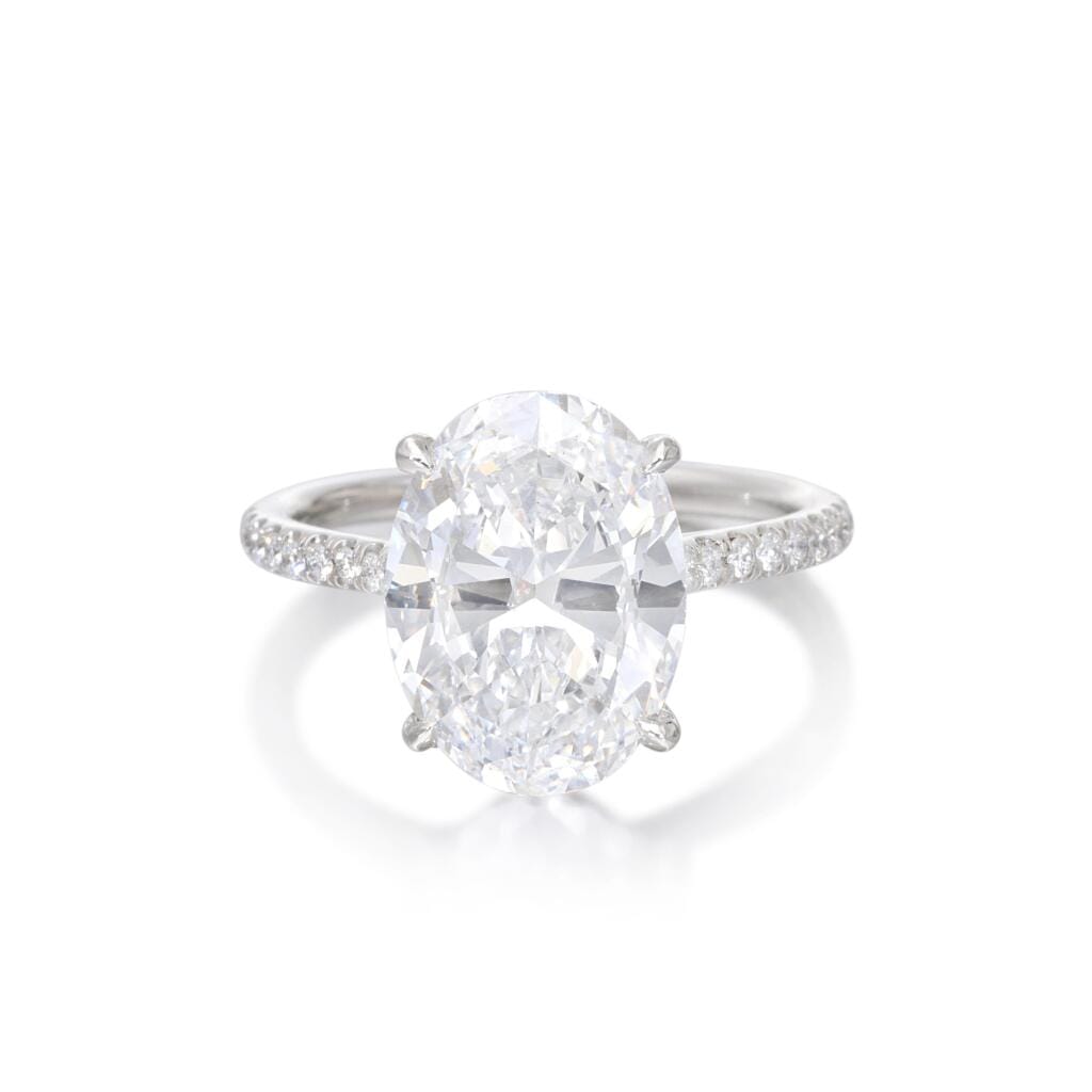 Platinum, 4.22ct Oval Cut Diamond and Diamond Engagement Ring