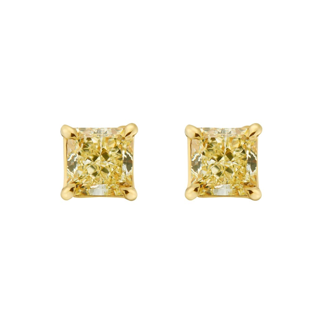 Gold, 4.96ctw Radiant Cut Fancy Light Yellow Diamond Stud Earrings