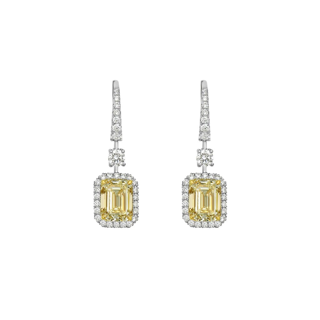 Platinum, 6.10ct Emerald Cut Yellow Diamond and Diamond Drop Earrings