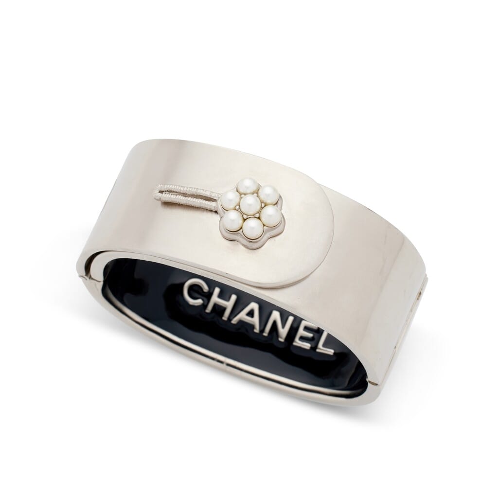 Silver Metal and Faux Pearl Hinged Bangle, 2015