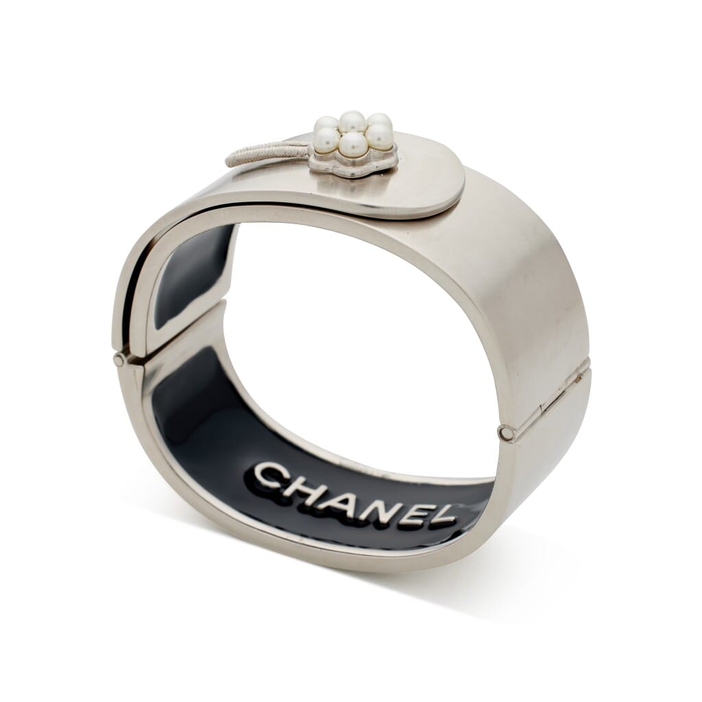 Silver Metal and Faux Pearl Hinged Bangle, 2015