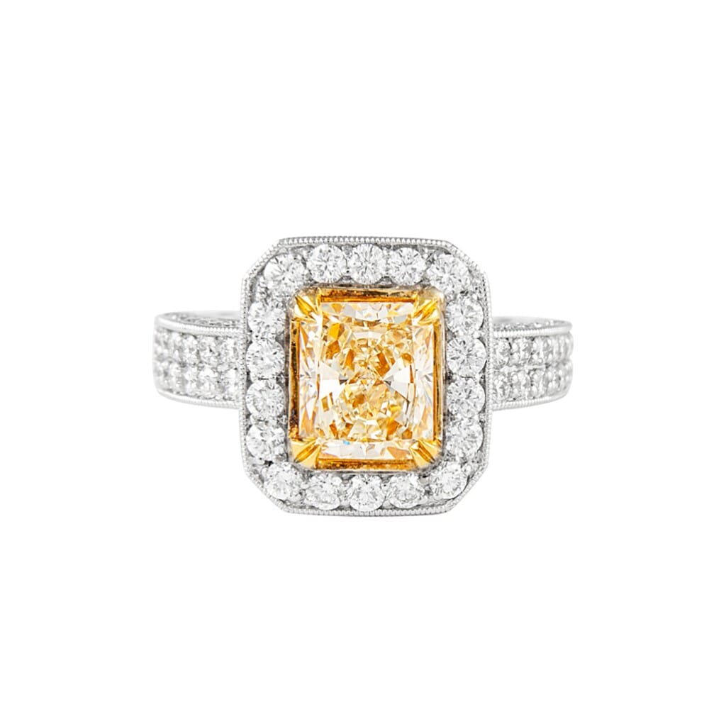 White Gold, Gold, 2.08ct Fancy Yellow Radiant Cut Diamond and Diamond Engagement Ring