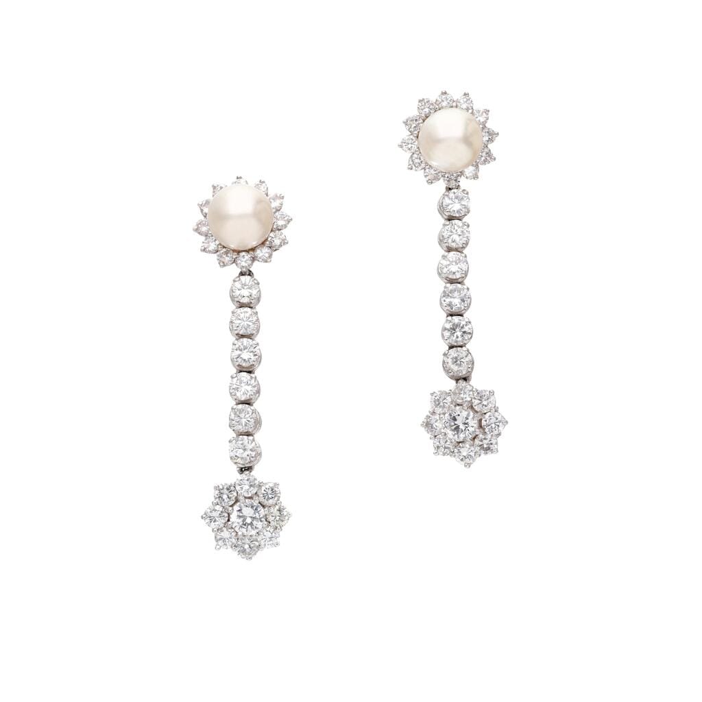 Platinum, Cultured Pearl and Diamond Drop Earrings