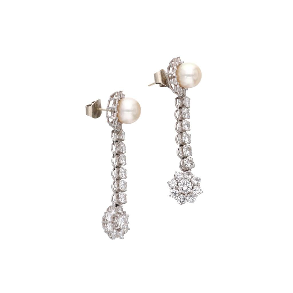Platinum, Cultured Pearl and Diamond Drop Earrings