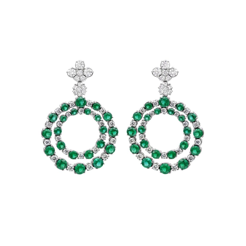 White Gold, Emerald and Diamond Circular Drop Earrings