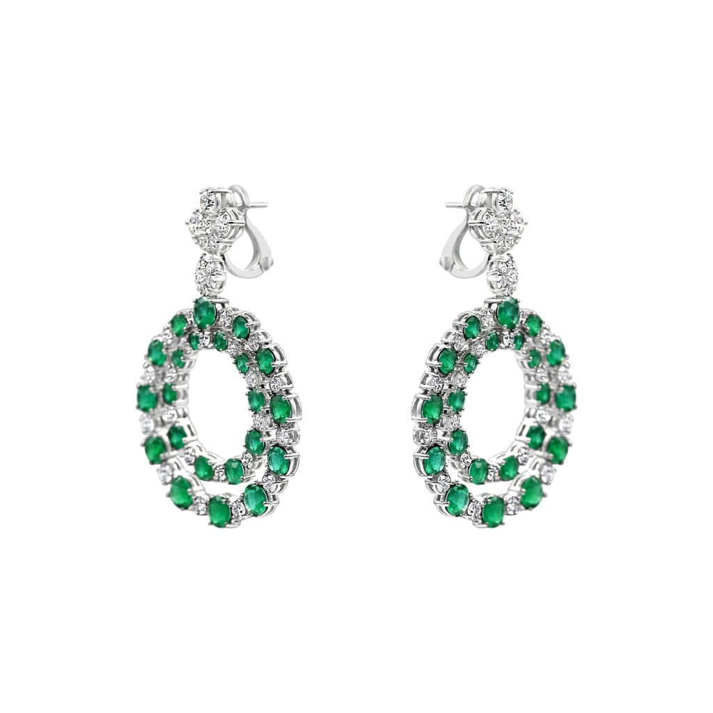 White Gold, Emerald and Diamond Circular Drop Earrings