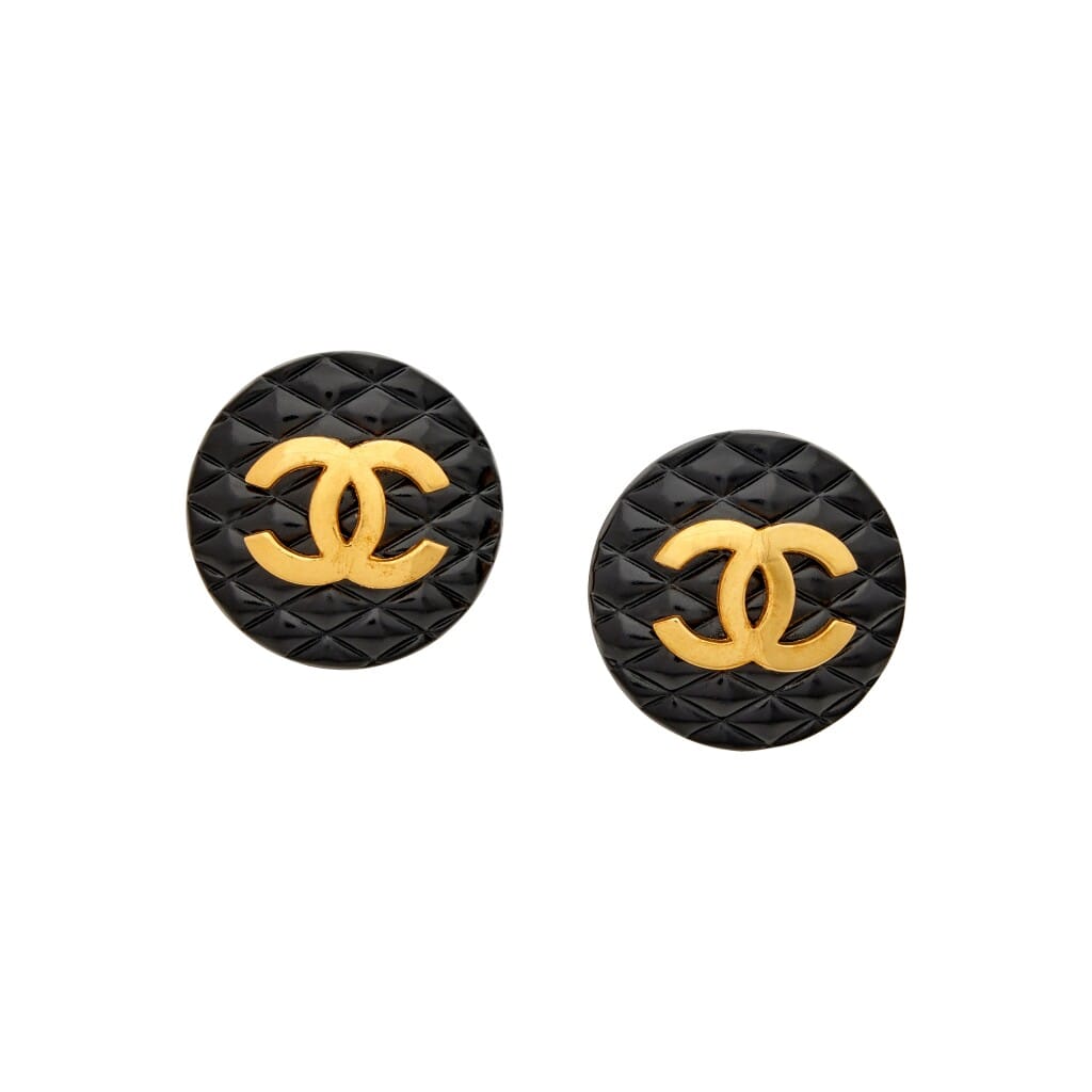 Black Quilted Acrylic and Gold Metal CC Earrings, 1984