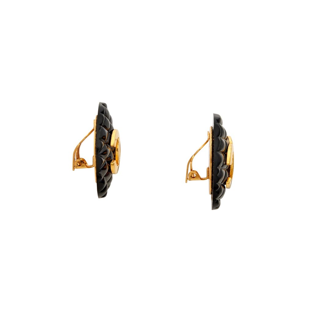 Black Quilted Acrylic and Gold Metal CC Earrings, 1984