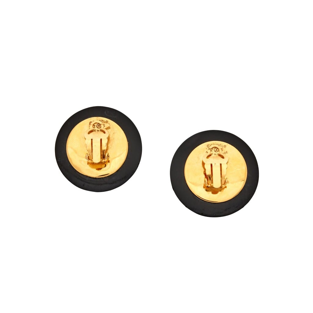 Black Quilted Acrylic and Gold Metal CC Earrings, 1984