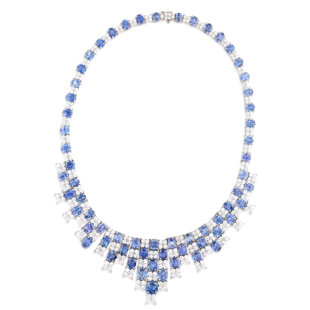 White Gold, Ceylon Sapphire and Diamond Necklace