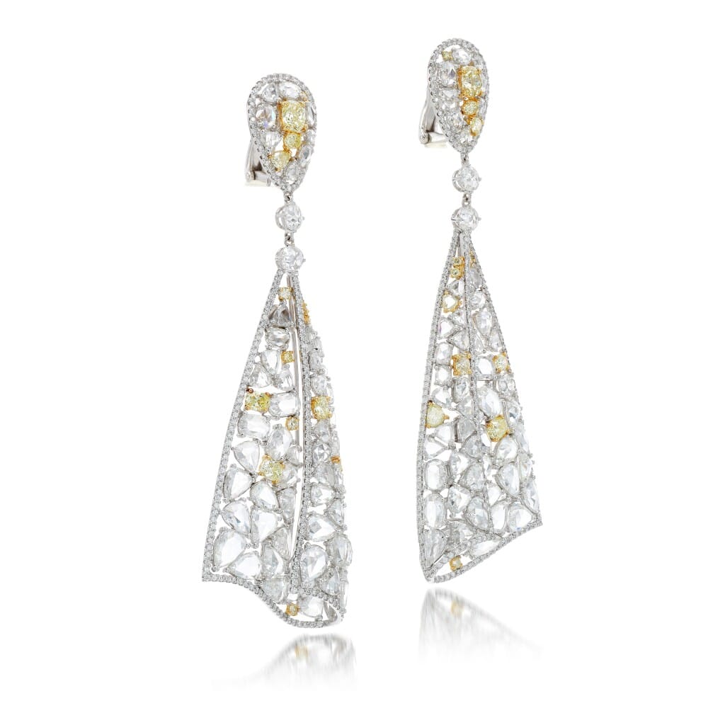 White Gold, Yellow Diamond and Diamond Drop Earrings
