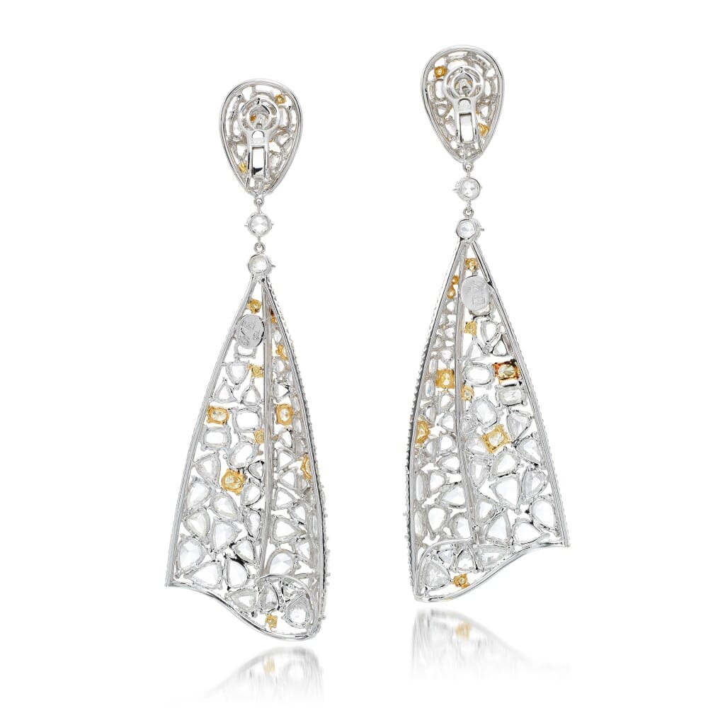 White Gold, Yellow Diamond and Diamond Drop Earrings