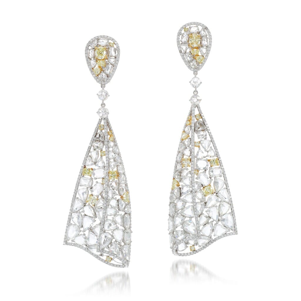 White Gold, Yellow Diamond and Diamond Drop Earrings