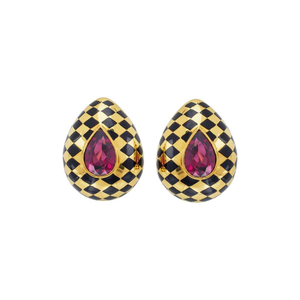 Vintage Gold, Garnet and Black Jade Earclips