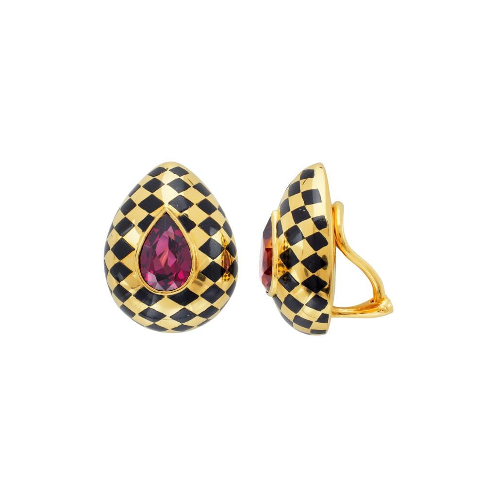 Vintage Gold, Garnet and Black Jade Earclips