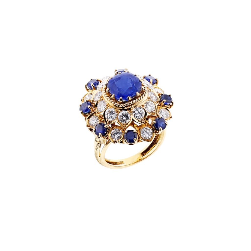 Gold, Sapphire and Diamond Brooch, Ring and Earrings Set