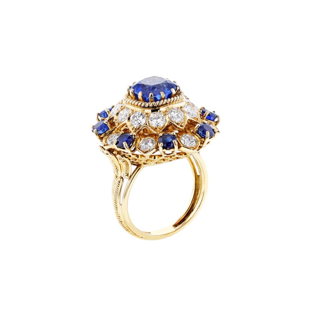 Gold, Sapphire and Diamond Brooch, Ring and Earrings Set