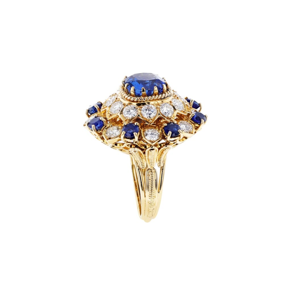 Gold, Sapphire and Diamond Brooch, Ring and Earrings Set
