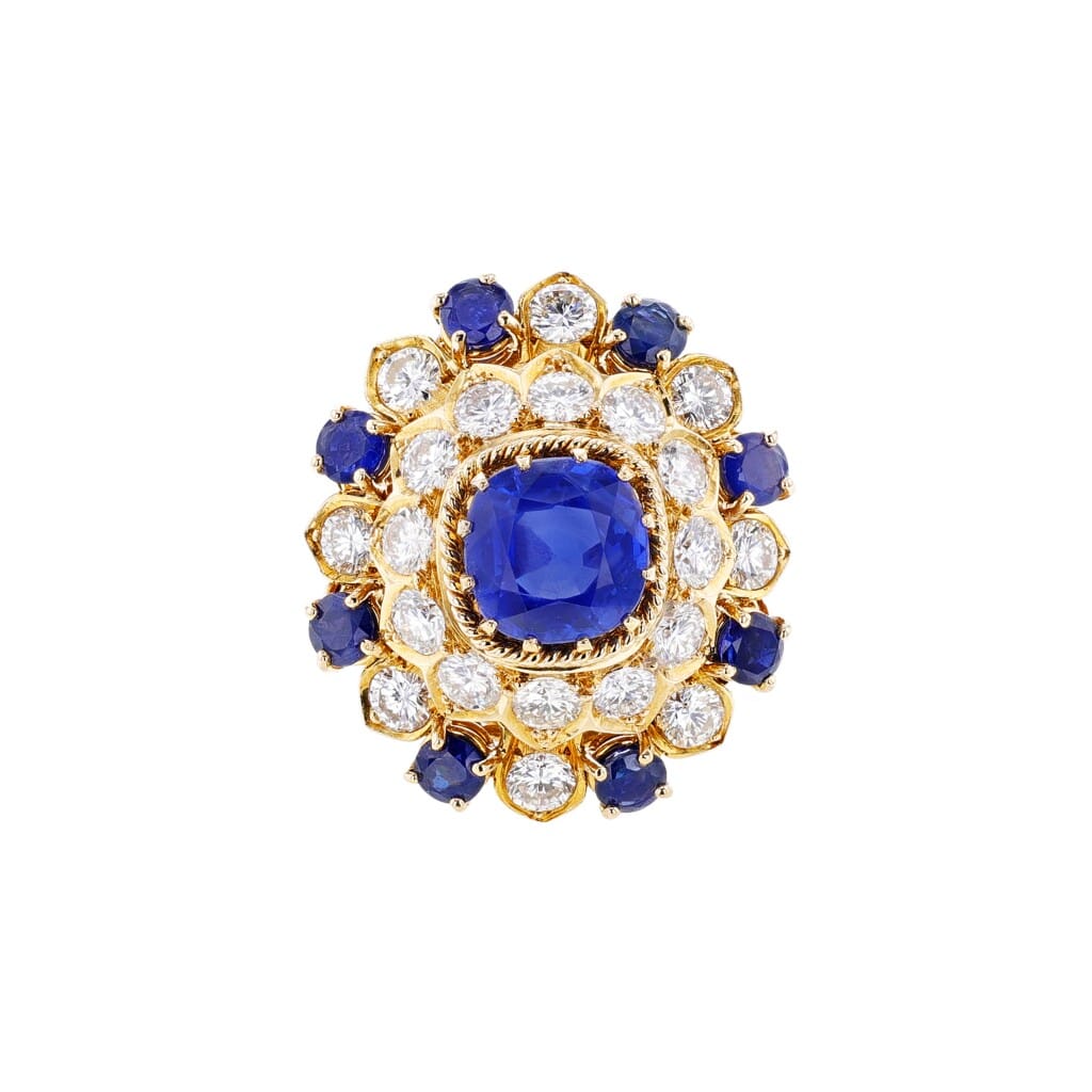 Gold, Sapphire and Diamond Brooch, Ring and Earrings Set