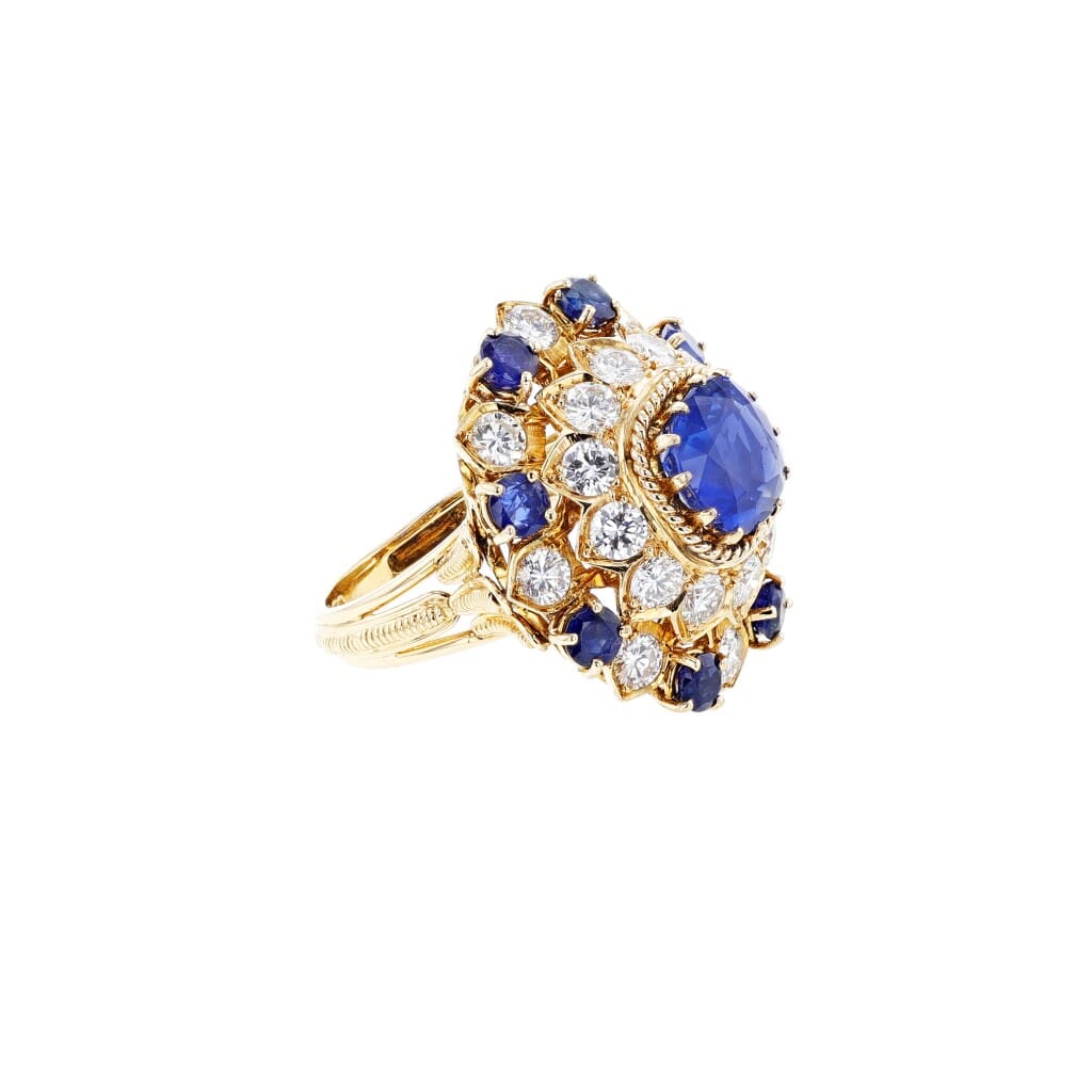 Gold, Sapphire and Diamond Brooch, Ring and Earrings Set