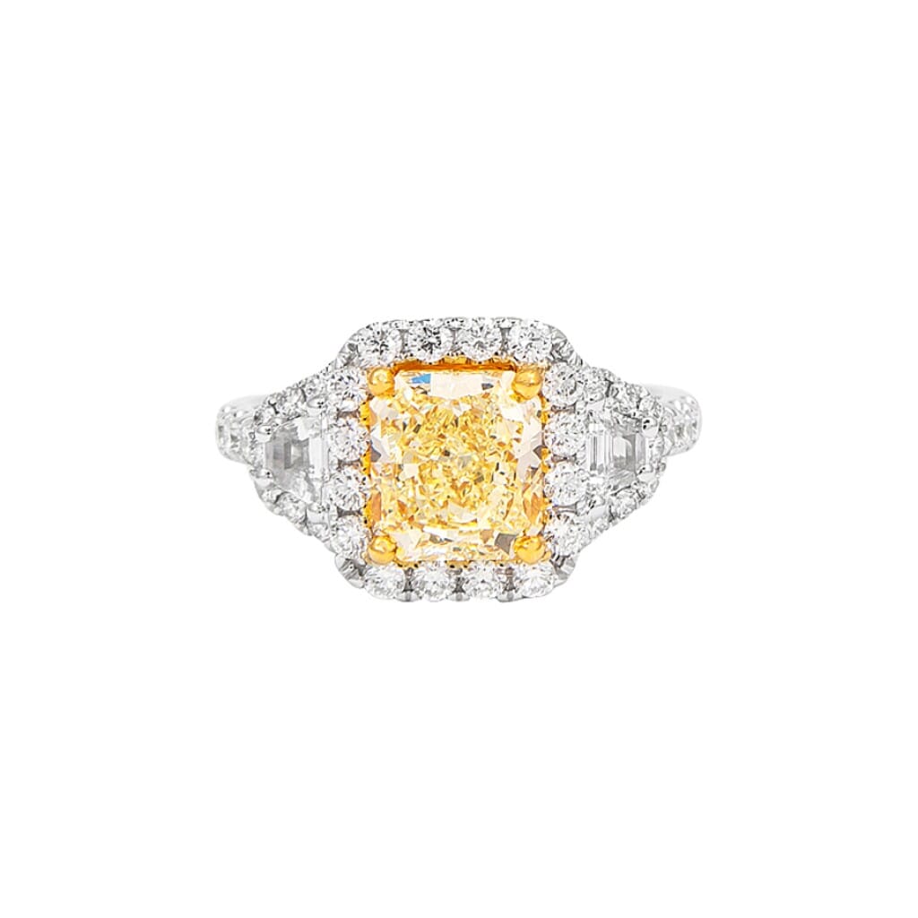 White Gold, Gold and 2.02ct Radiant Cut Fancy Yellow Diamond and Diamond Three Stone Ring