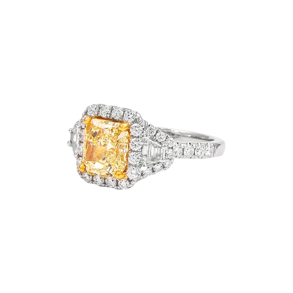 White Gold, Gold and 2.02ct Radiant Cut Fancy Yellow Diamond and Diamond Three Stone Ring