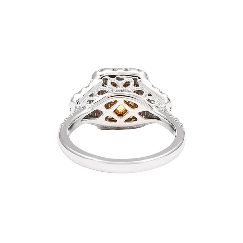 White Gold, Gold and 2.02ct Radiant Cut Fancy Yellow Diamond and Diamond Three Stone Ring