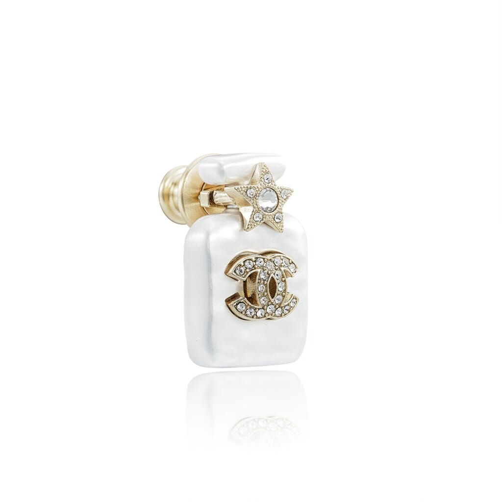 Pearl White Resin, Crystal CC and Star and Gold Metal Perfume Bottle Brooch
