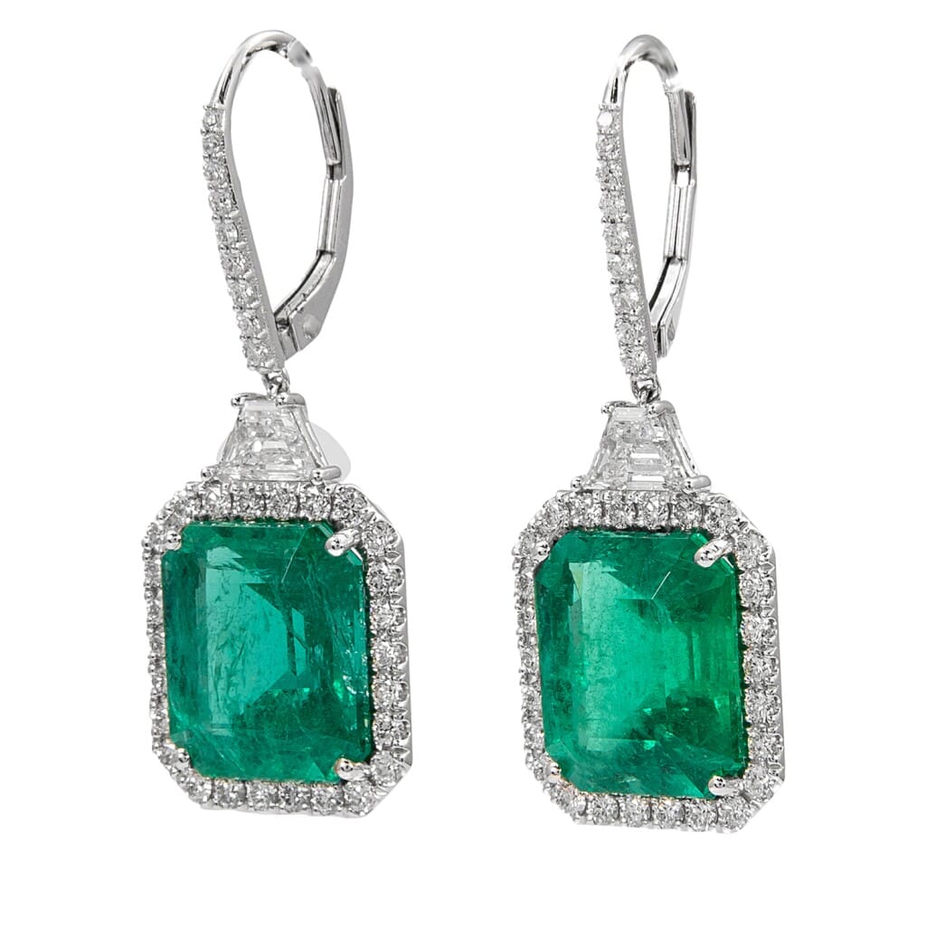 White Gold, 13.08ct Emerald and Diamond Drop Earrings