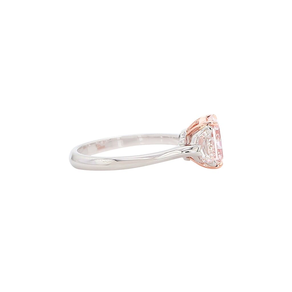 Platinum, 2.02ct Radiant Cut Fancy Brownish Pink Diamond and Diamond Three Stone Engagement Ring