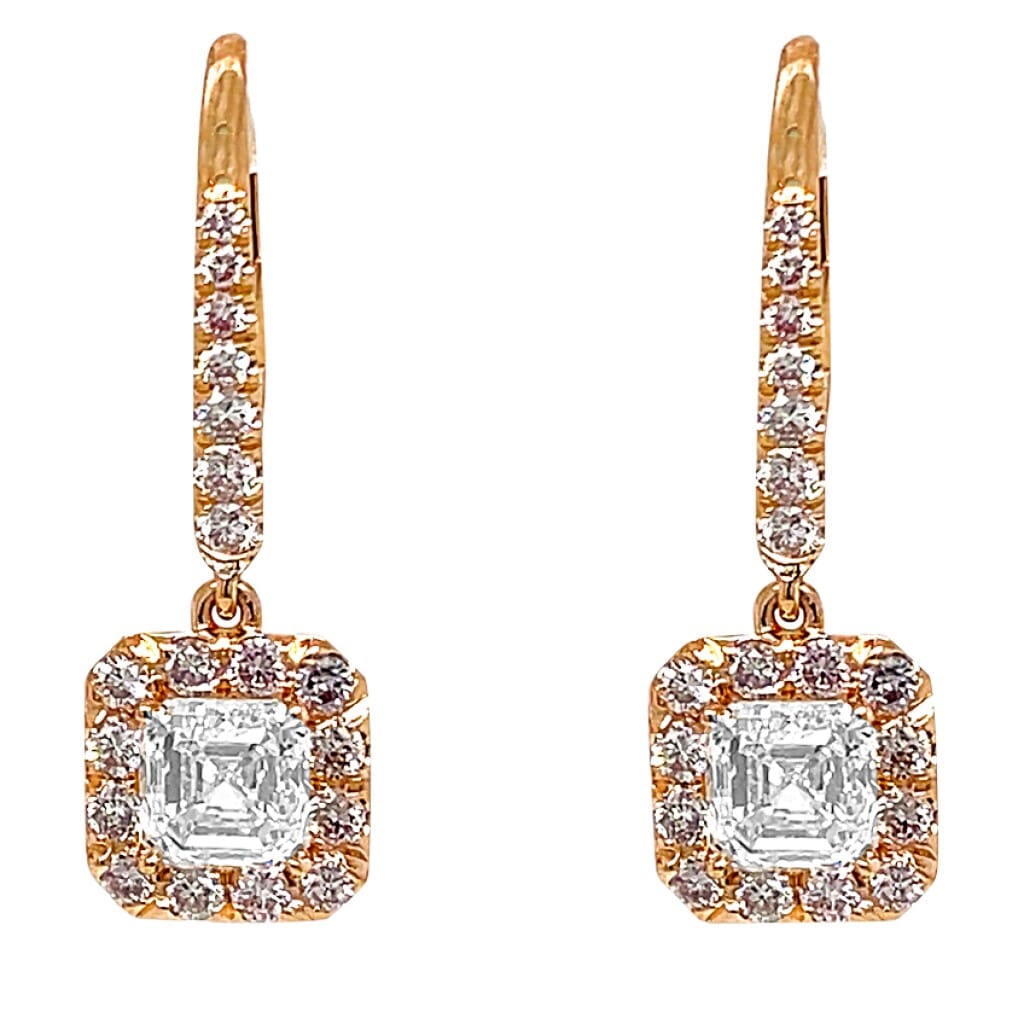 Rose Gold, 2.02ct Emerald Cut Diamond and Pink Diamond Drop Earrings