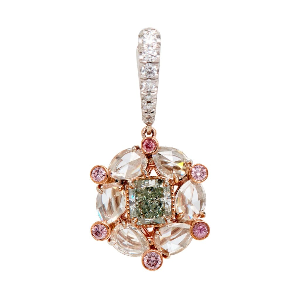 White Gold, Fancy Green Diamond, Pink Diamond and Diamond Drop Earrings