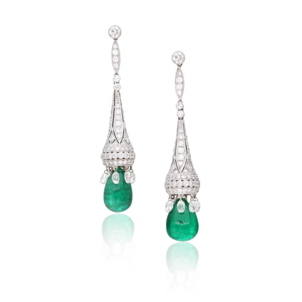 White Gold, Emerald and Diamond Drop Earrings
