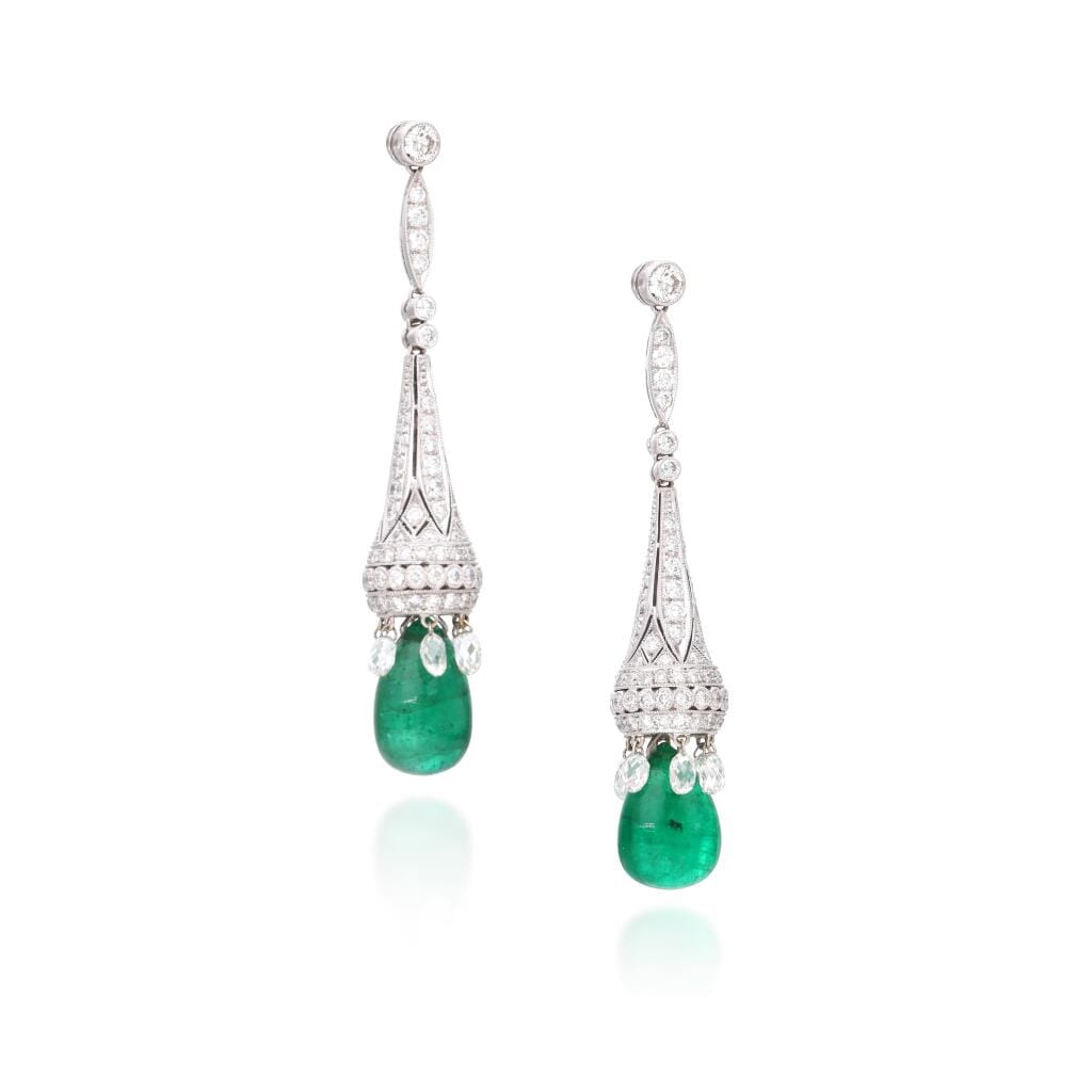 White Gold, Emerald and Diamond Drop Earrings