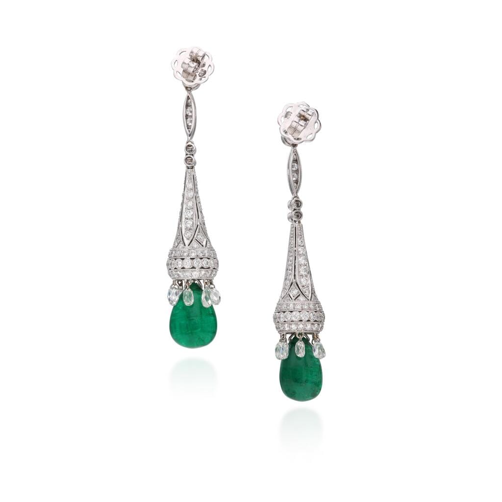 White Gold, Emerald and Diamond Drop Earrings
