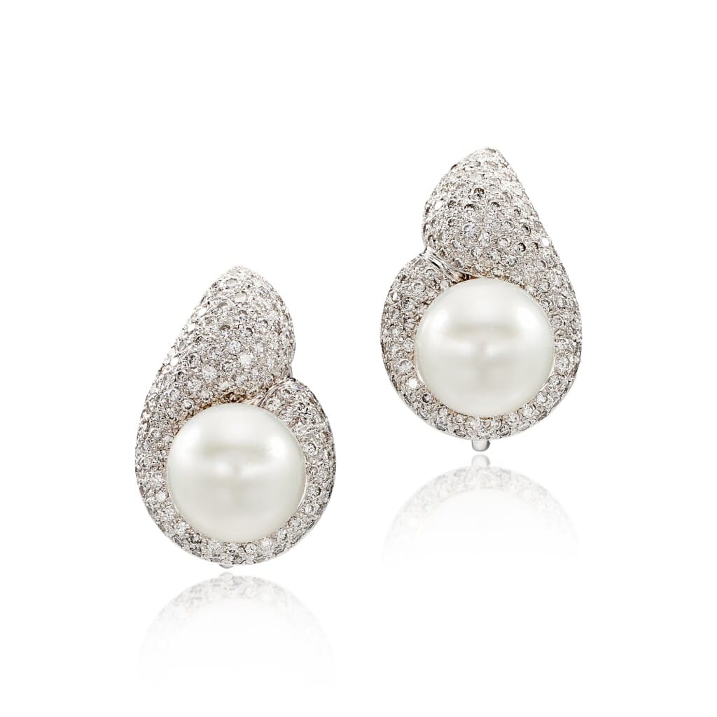 White Gold, Cultured Pearl and Diamond Earclips