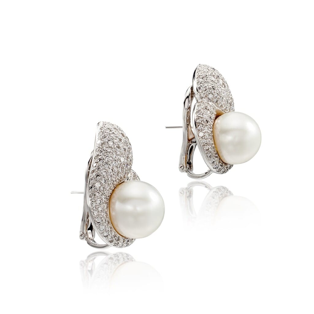 White Gold, Cultured Pearl and Diamond Earclips