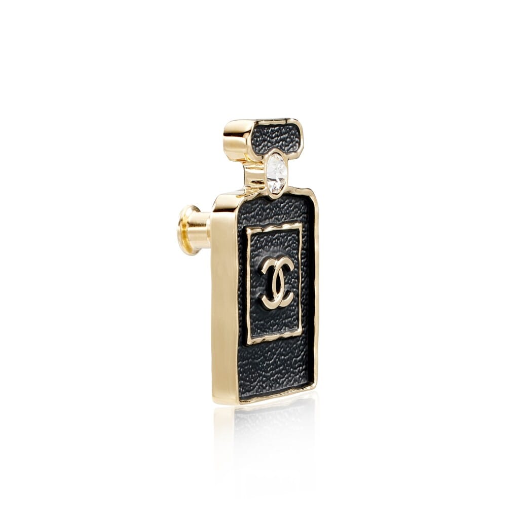 Crystal, Black Leather and Pale Gold Metal CC Perfume Bottle Brooch