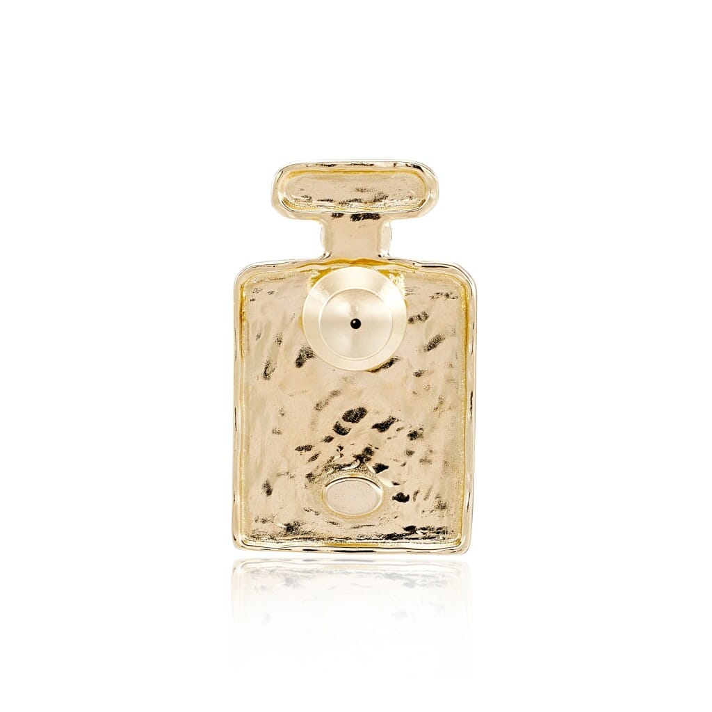 Crystal, Black Leather and Pale Gold Metal CC Perfume Bottle Brooch