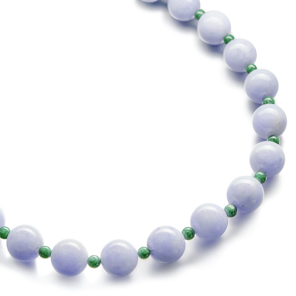 White Gold, Lavender Jadeite, Green Jadeite and Diamond Bead Necklace