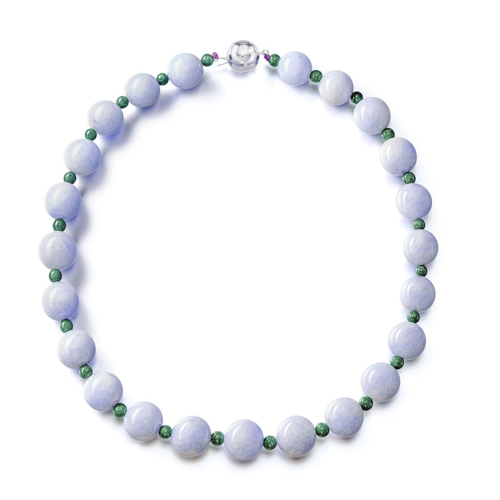 White Gold, Lavender Jadeite, Green Jadeite and Diamond Bead Necklace