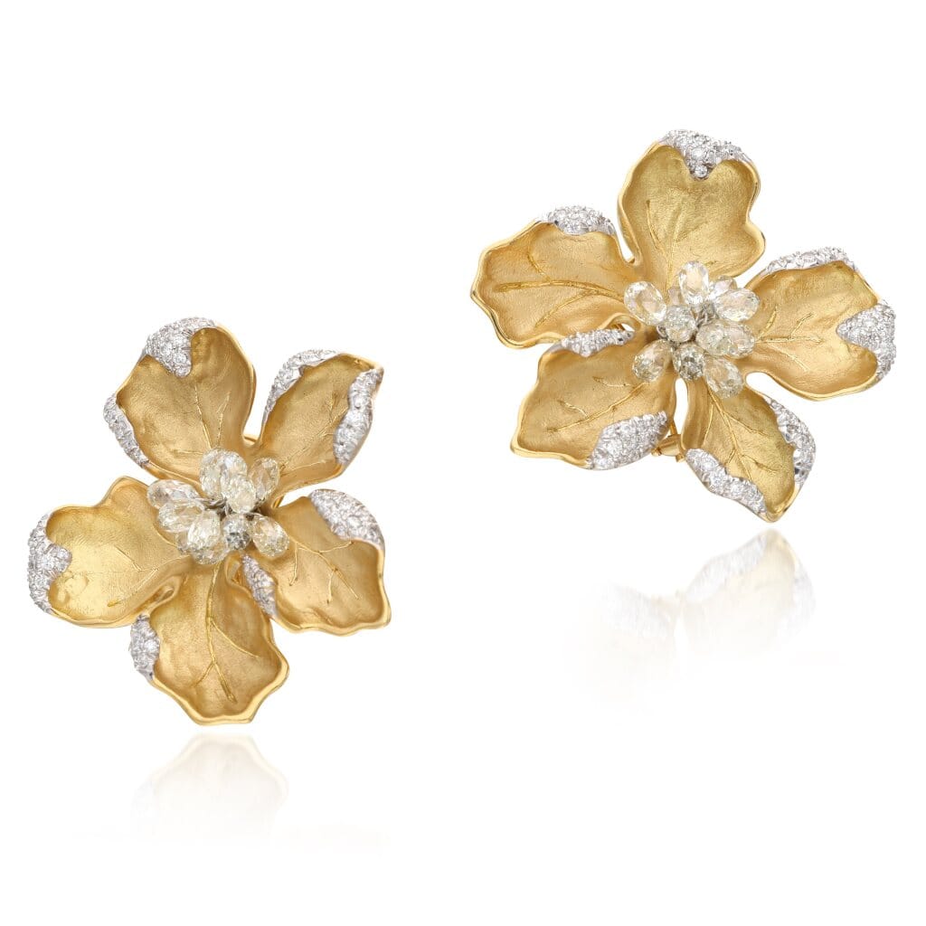 Gold and Diamond Flower Earclips