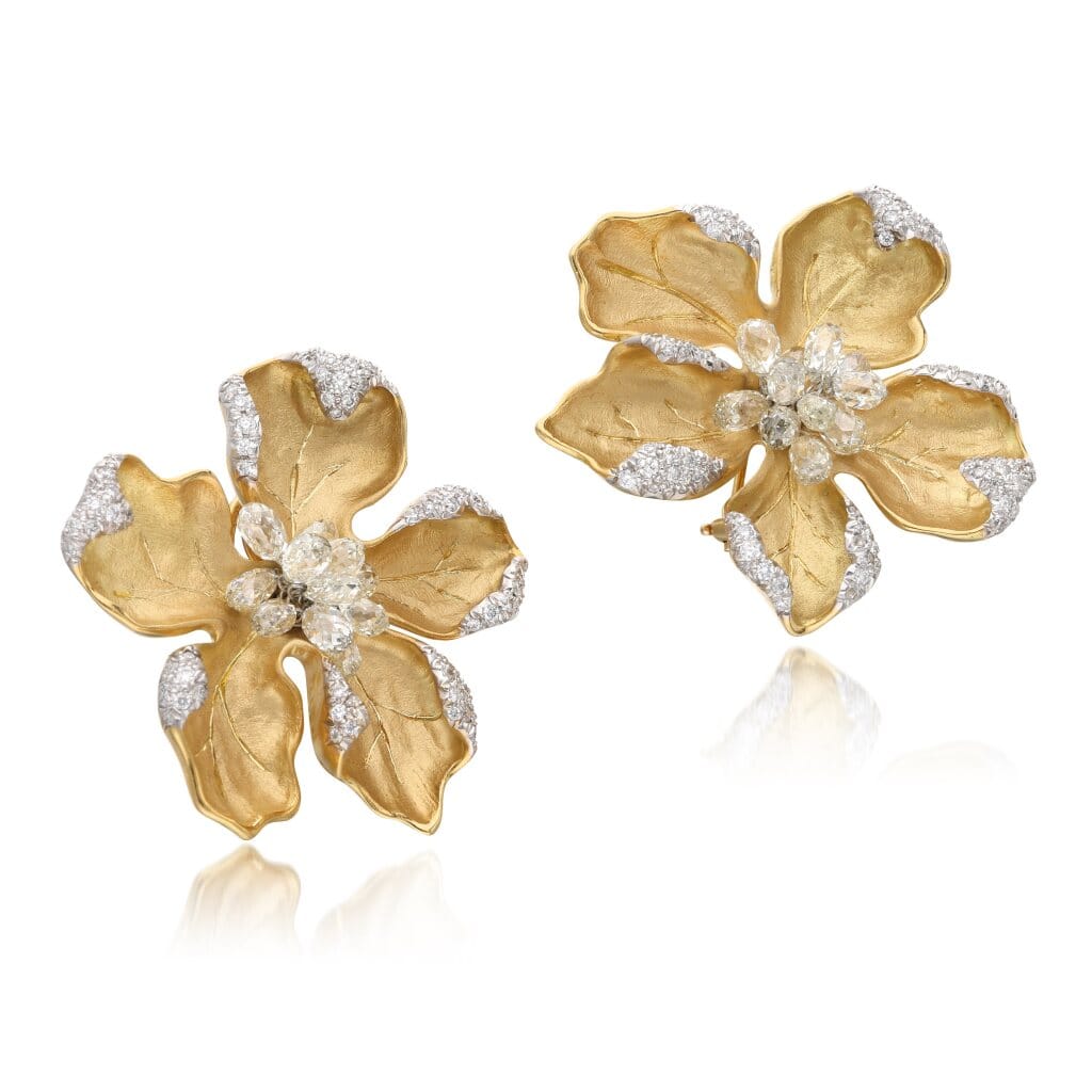Gold and Diamond Flower Earclips