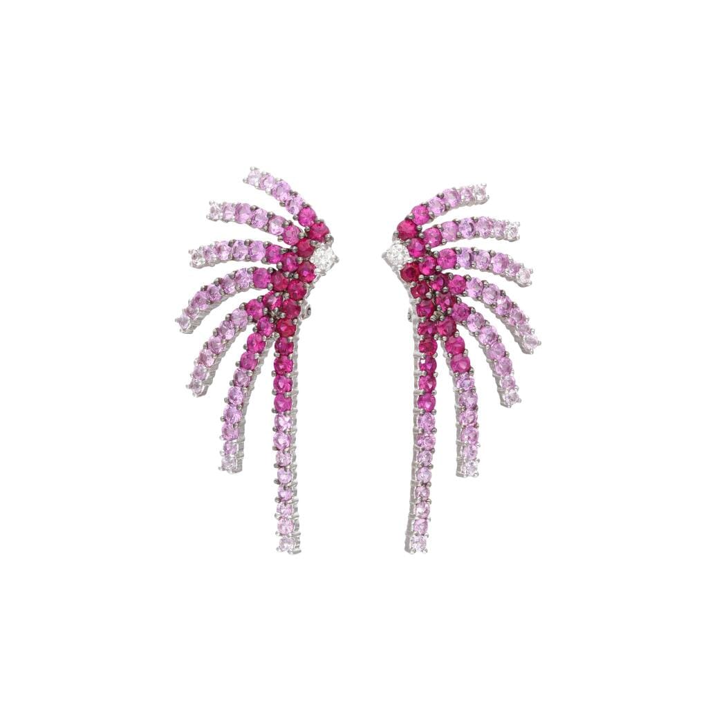 White Gold, Ruby, Pink Sapphire and Diamond Firework Earrings