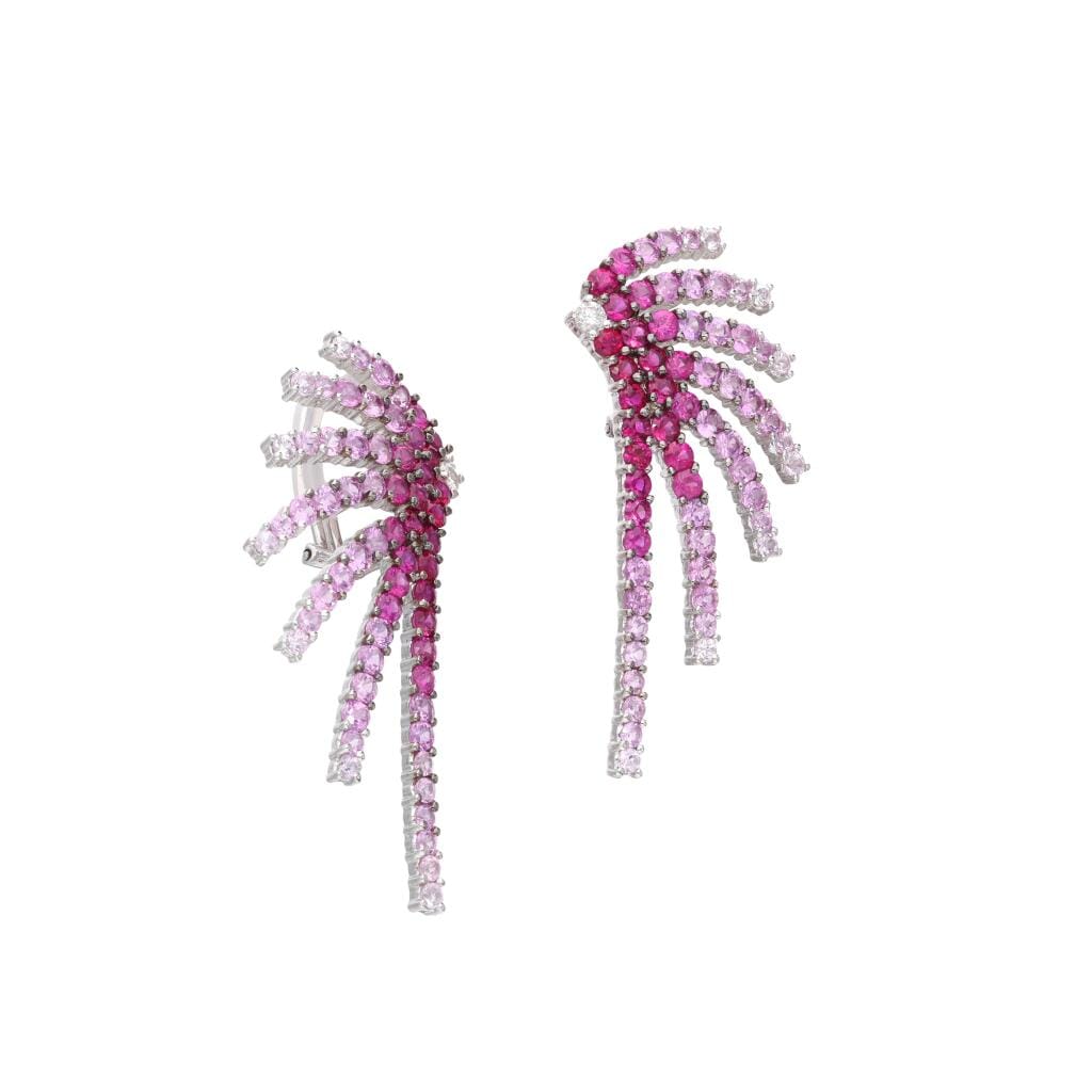 White Gold, Ruby, Pink Sapphire and Diamond Firework Earrings