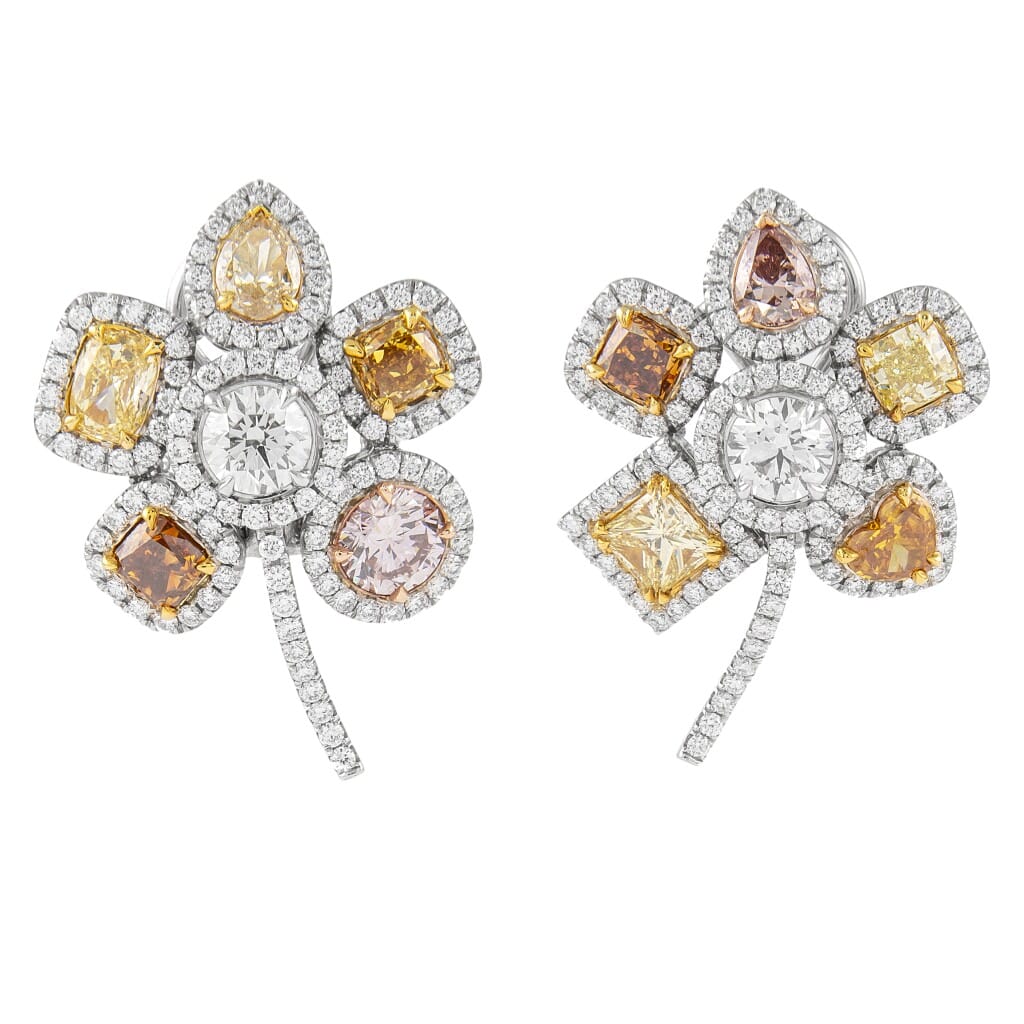 Gold, Fancy Color Diamond and Diamond Floral Earclips