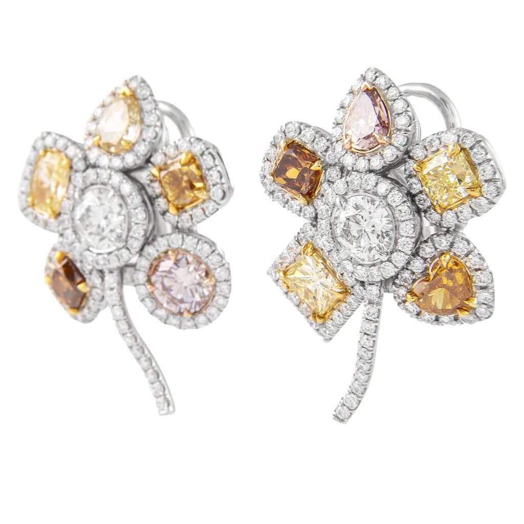 Gold, Fancy Color Diamond and Diamond Floral Earclips