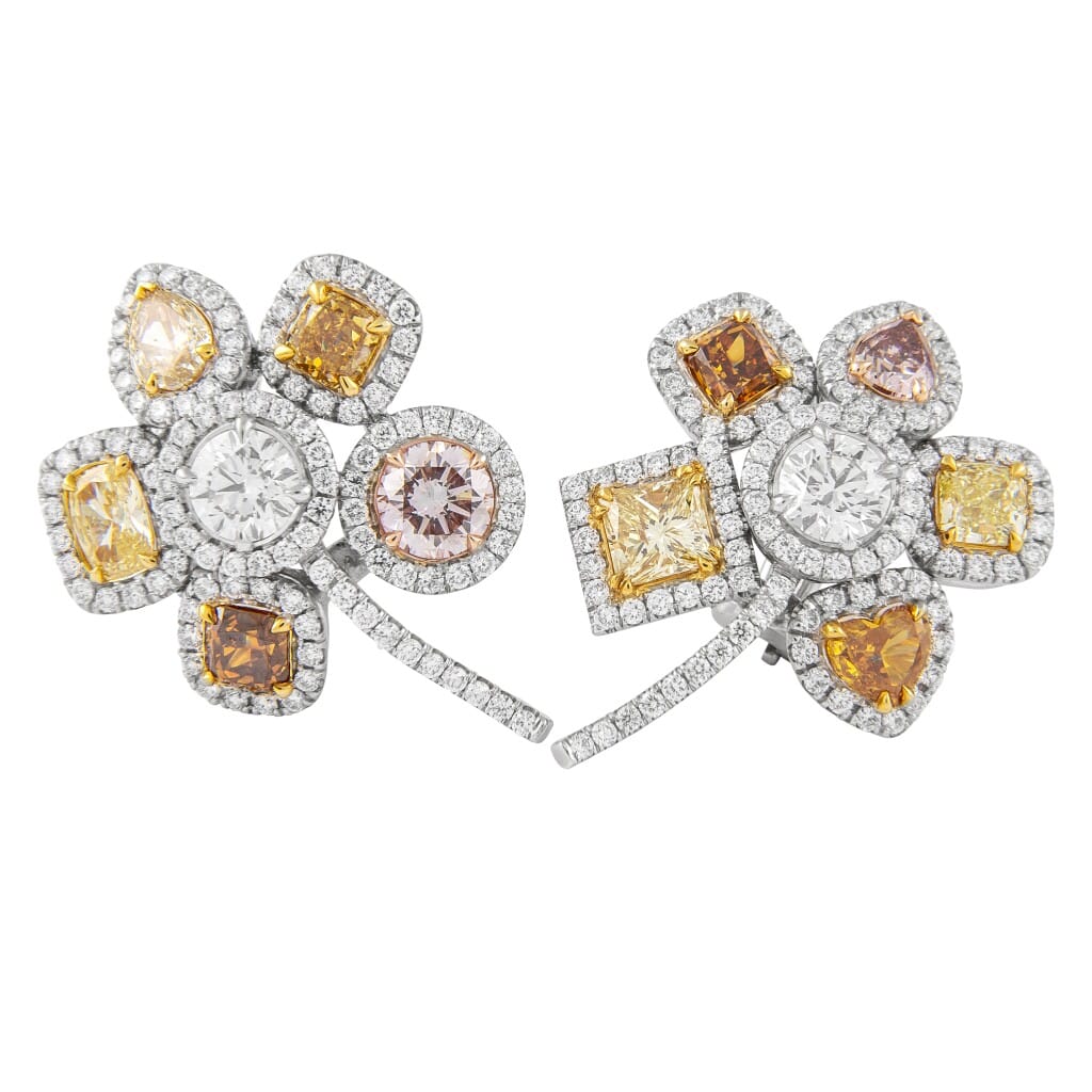 Gold, Fancy Color Diamond and Diamond Floral Earclips